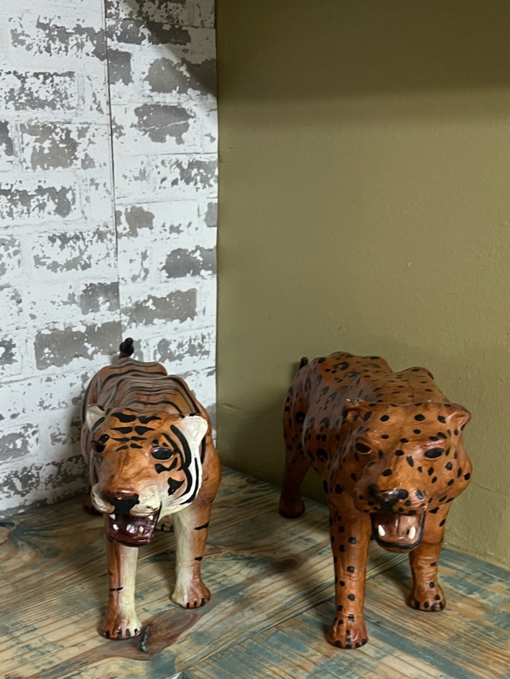 Vintage leather-wrapped and hand-painted leopard & tiger sculptures